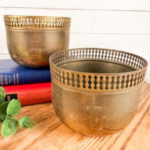 May include: Two round brass planters with a weathered patina and a decorative openwork lattice border along the top rim. The planters are positioned near a blue book titled Phineas Redux Vol II and a red book, with a green plant leaf visible.
