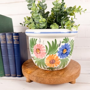 May include: A white ceramic flower pot with a blue rim and colorful floral designs, holding green leafy plants. The pot sits on a small, round, wooden plant stand. Books are visible in the background.