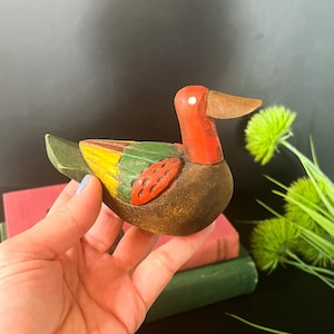 Vintage Hand-Painted Hand-Carved Wooden Duck Figurine | Folk Art Cottagecore Shelf Decor | Rustic Cabin Collectible