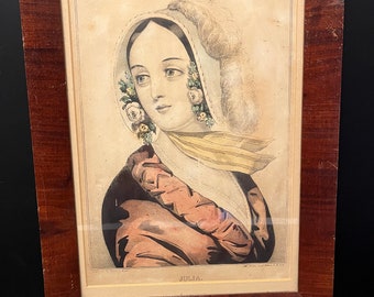 Antieke jaren 1850 Sorony en Major ingelijste lithografie "Julia" mooie dame