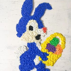 Vintage Easter Bunny Wall Hanging | 21&quot; Tall Blue Melted Popcorn Plastic Bunny with Basket | Retro Holiday Decor