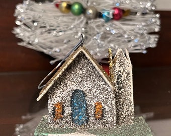 1950s Vintage Christmas Mica Small Putz House Ornament | Green Gold Blue Orange Glitter | 2" h x 1.5" w x 1.5" d