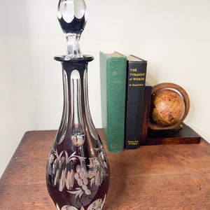 Antique Mid-Century Crystal Wine Decanter, Ruby Colored Crystal, Blood Crystal, Stunning, Etched Grapes and Leaves