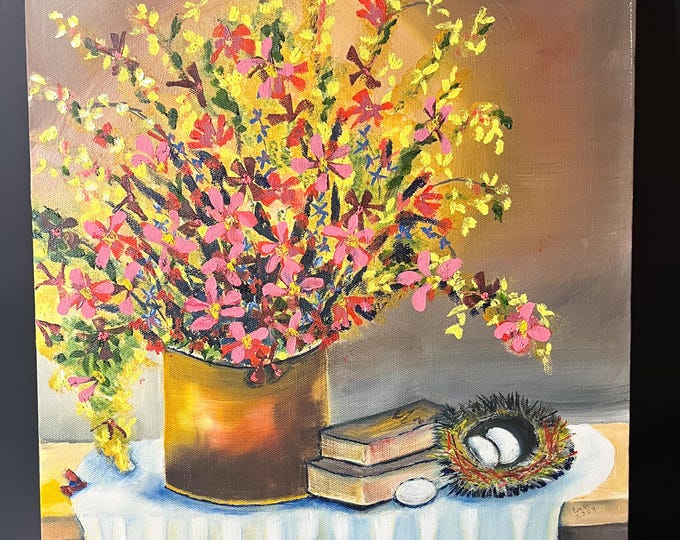Vintage Still Life Floral Painting, Books and Birds Nest