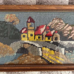 Vintage Handmade Needlepoint Farmhouse Mountains Scene