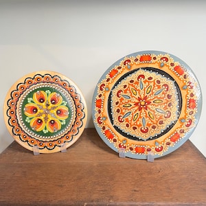 Vintage Set of 2 Hand Painted Czechoslovakian Wooden Decorative Plates, Vibrant Colors