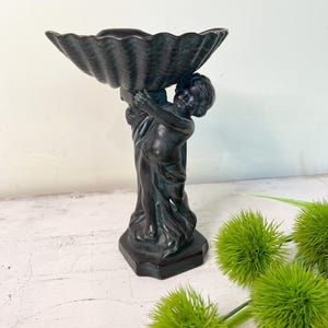 Vintage Cherub Trinket Dish with Seashell | Patina Finish | Soap Dish or Ring Holder | 8x6