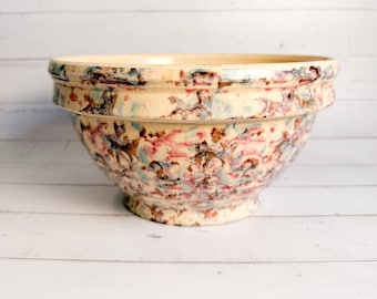 Ciotola vintage in ceramica spugnata, con decorazione a schizzi multicolore, 24 cm.