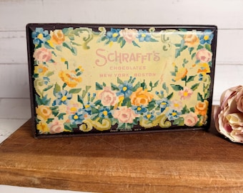 Lata vintage de bombones florales Schrafft's, caja de dulces