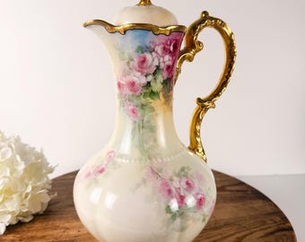 Antique Limoges France Hand Painted Chocolate Pot with Pink Roses