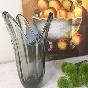 Vintage Smoky Gray Freeform Art Glass Vase - Murano Style Hand Blown Mid Century Decor