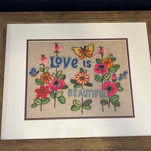 Vintage LOVE is BEAUTIFUL Framed Crewel Embroidery Excellent Condition | 23.5" (w) x 12.5" (h) | Spring Decor | Retro Decor