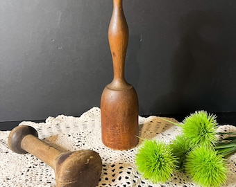 Ensemble presse-purée et mortier en bois antique | Ustensiles de cuisine tournés à la main de Primitive | Décoration de ferme rustique