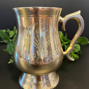 Vintage Etched Royal Prince Charles Lady Diana Spencer Wedding Stein Brass Silver Plate Finish 1981