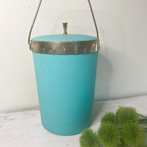 Vintage Cal-Dak Turquoise Ice Bucket - 1960s Mid Century Barware with Brass Handle and Lid