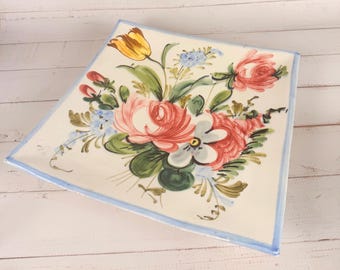 Vintage Italian Hand Painted Floral Ceramic Wall Plate Cottage Decor