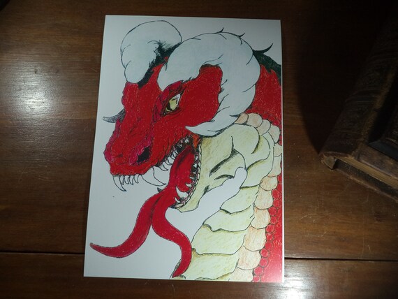 Color Dragon Head Drawing Colored Pencil 5 Colors Original Art Etsy