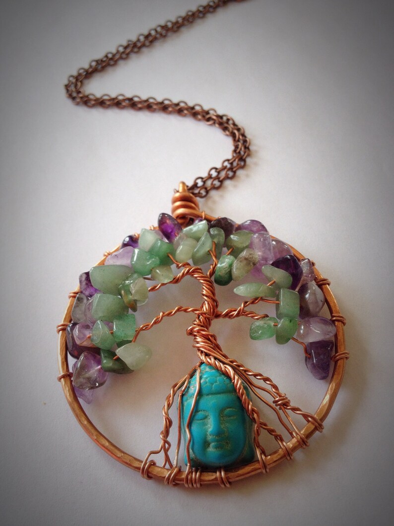 Buddha Tree of Life, Wire Wrap Gem Tree, Crystal Necklace, Tree Pendant