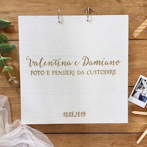 Wooden photo album with personalized engraving / Custom wedding guest book with names and date