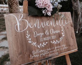 Targa in legno con testo personalizzato e decoro / Cartello di benvenuto decorativo / Insegna matrimonio con scritta calligrafica