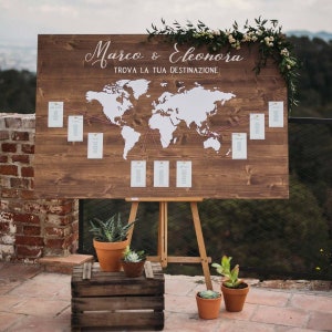 Tableau in legno con planisfero personalizzato / Pannello con planisfero dipinto a mano / Insegna matrimonio con scritta calligrafica