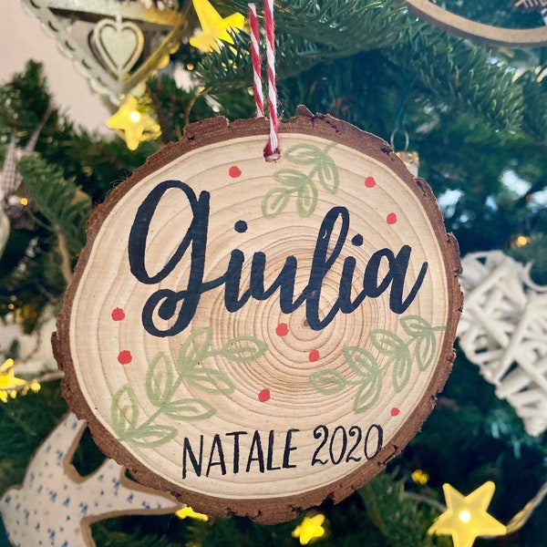 Customizable Name Wooden Decoration / Custom Christmas Tree Decoration / Hand Painted Bark Disc