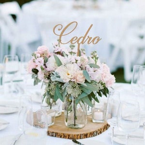 Wooden table numbers with custom calligraphic script / Trees and flowers / Custom wood numbers for weddings, party, events