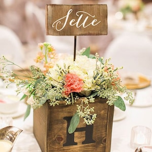 Wooden table number with custom calligraphic script / Rustic wood centerpiece decor with stick / Wedding table decor