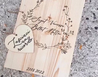 Guest book in legno "Erbe di campo" con iniziali e data / Album con scritta calligrafica personalizzabile