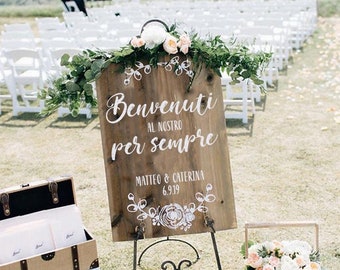 Targa in legno con testo personalizzato e decoro / Cartello di benvenuto decorativo / Insegna matrimonio con scritta calligrafica