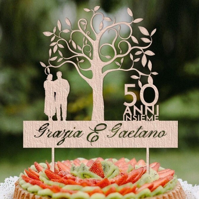 Cake topper in legno 50° anniversario di matrimonio personalizzato