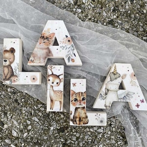 Lettere in legno con animali del bosco / Nome e iniziali in legno personalizzati / Decorazione cameretta, feste bambino, idea regalo