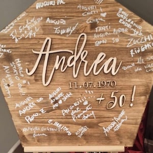 Pannello in legno personalizzato per dediche degli ospiti / Guestbook in legno / Decorazione festa con scritta in rilievo