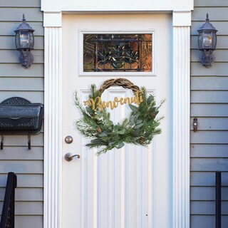 Ghirlanda Di Benvenuto Per Porta, Eucalipto Verde Artificiale Con Cartello, Diametro 43 Cm, Decorazione Esterna Per Tutte Le Stagioni