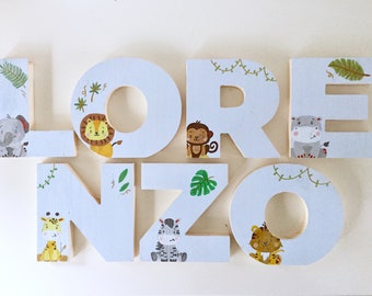 Lettere in legno tinta unita con animali dipinti a mano / Nome e iniziali in legno personalizzati / Decorazione cameretta, feste bambino