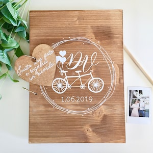 Guest book in legno "Bicicletta" con nomi e data / Album con scritta calligrafica personalizzabile