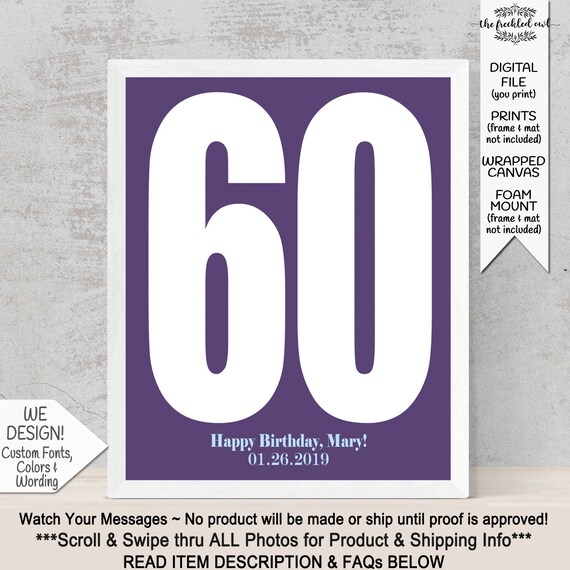 60th Birthday Party Decorations 60 Year Celebration Decor Guest Signature Print Large Number Printable Gift For Women Ideas Mom - 