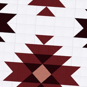 May include: A repeating geometric pattern in burgundy, tan, and white. The design features diamond, triangle, and arrow-like shapes, creating a symmetrical and dynamic composition. The pattern is set against a grid background.