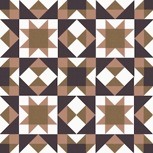 Può includere: Un motivo geometrico senza cuciture che presenta un design geometrico ripetitivo. Il motivo è composto da quadrati e triangoli di colore marrone, bianco e viola scuro. Il motivo è perfetto per l'uso in quilting, design di tessuti o carta da parati.
