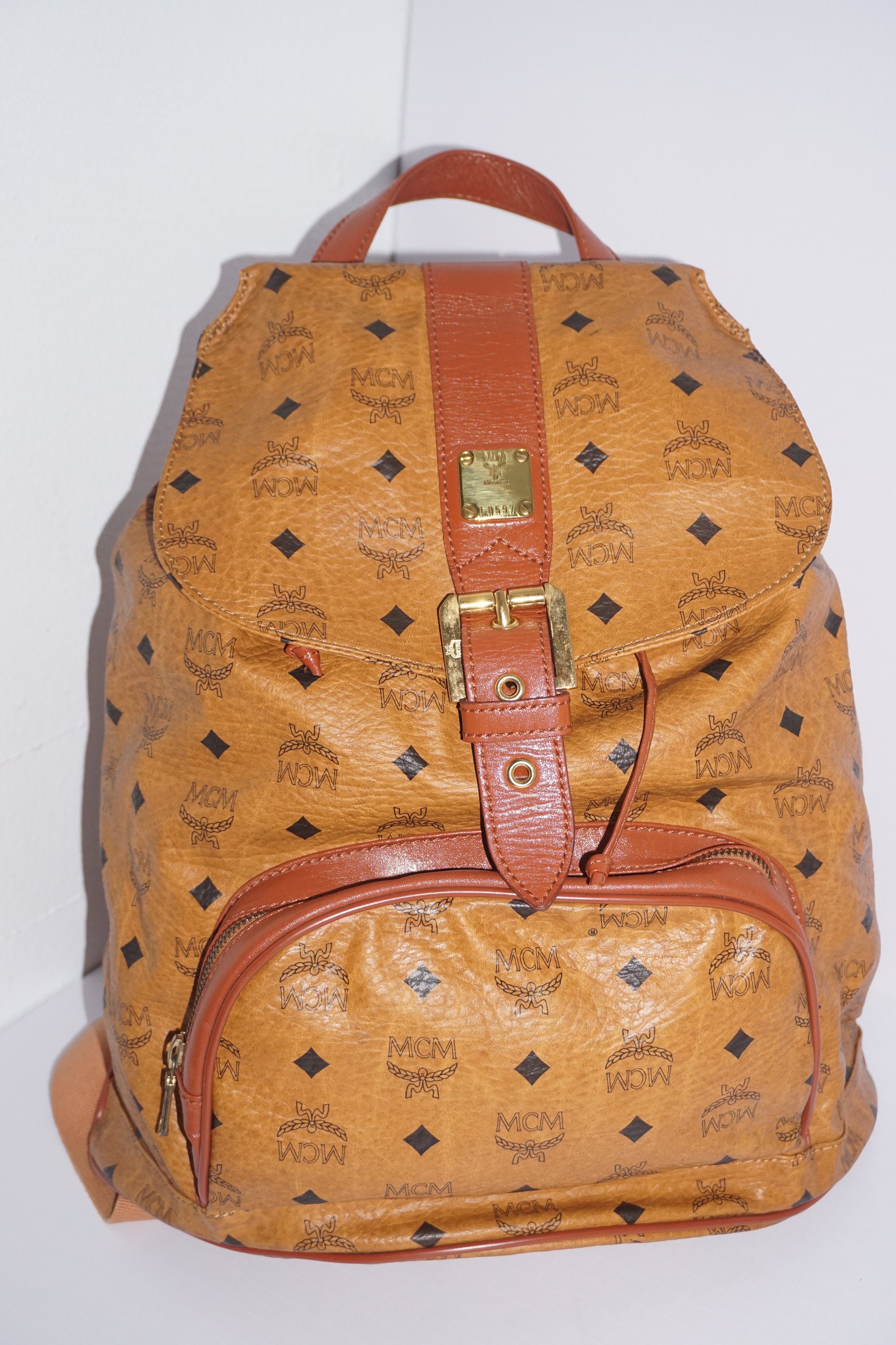 Vintage MCM ~ Brown Logo Nylon Drawstring Sling Backpack Bag ~ Hand Made MCM Backpack Bag Backpack Cognac Brown Black Gold Vintage  main image 4