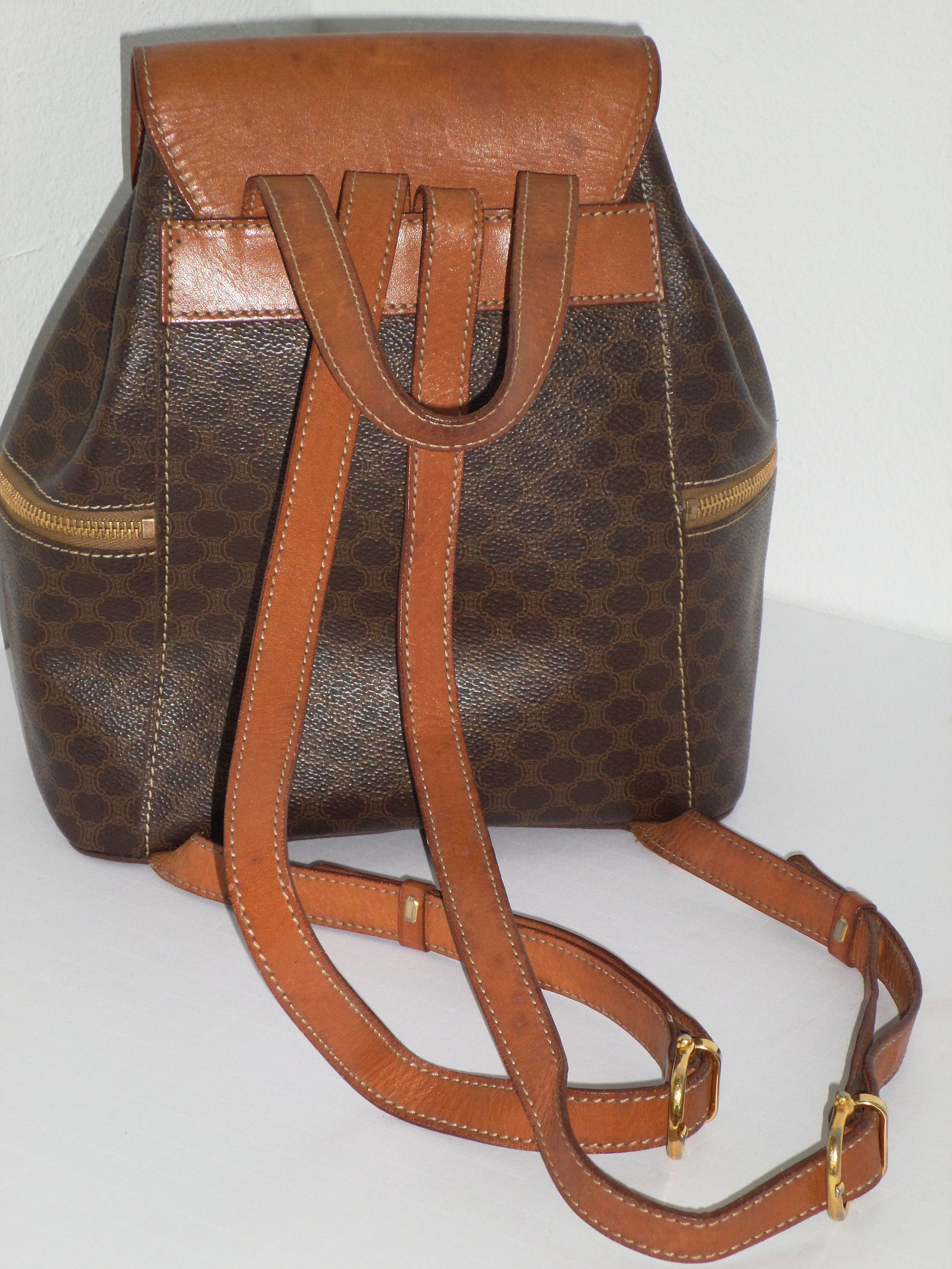 Celine Macadam Pattern T06 Brown Backpack Vintage Leather CELINE Macadam 2Way Double Mini Backpack Slingbag Brown  main image 2