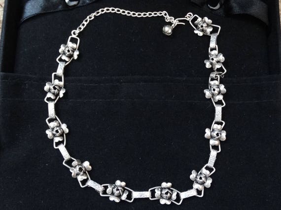 Vintage Sterling Silver Flower Rose Link Necklace - image 1