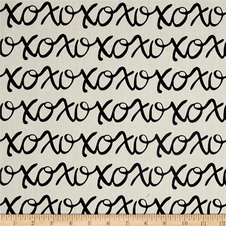Calligraphy Letters Love Hugs and Kisses Art Gallery Black and White XOXOXO Fabric by the Yard Valentines Day Print by the Half Yard