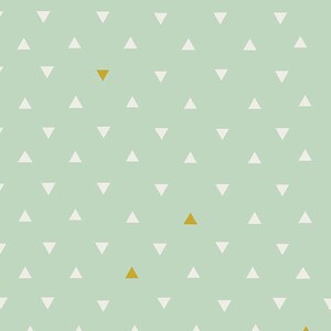 May include: A light green background with a repeating pattern of white triangles. There are three gold triangles scattered throughout the pattern.
