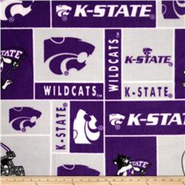 KState Wildcats FLEECE Fabric By the Yard Block Print, Purple White Collegiate Team, Big 12 Conference Football Basketball Fabric Yardage