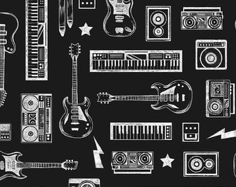 Rock Music Cotton Fabric by the Half Yard, Pour Some Sugar On Me Collection Dear Stella, B&W Rockstar, Music Yardage Print, Boy Teen