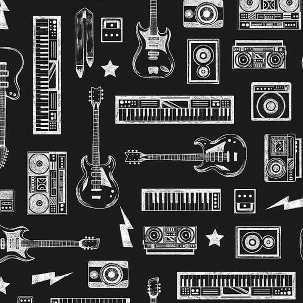 Rock Music Cotton Fabric by the Half Yard, Pour Some Sugar On Me Collection Dear Stella, B&W Rockstar, Music Yardage Print, Boy Teen