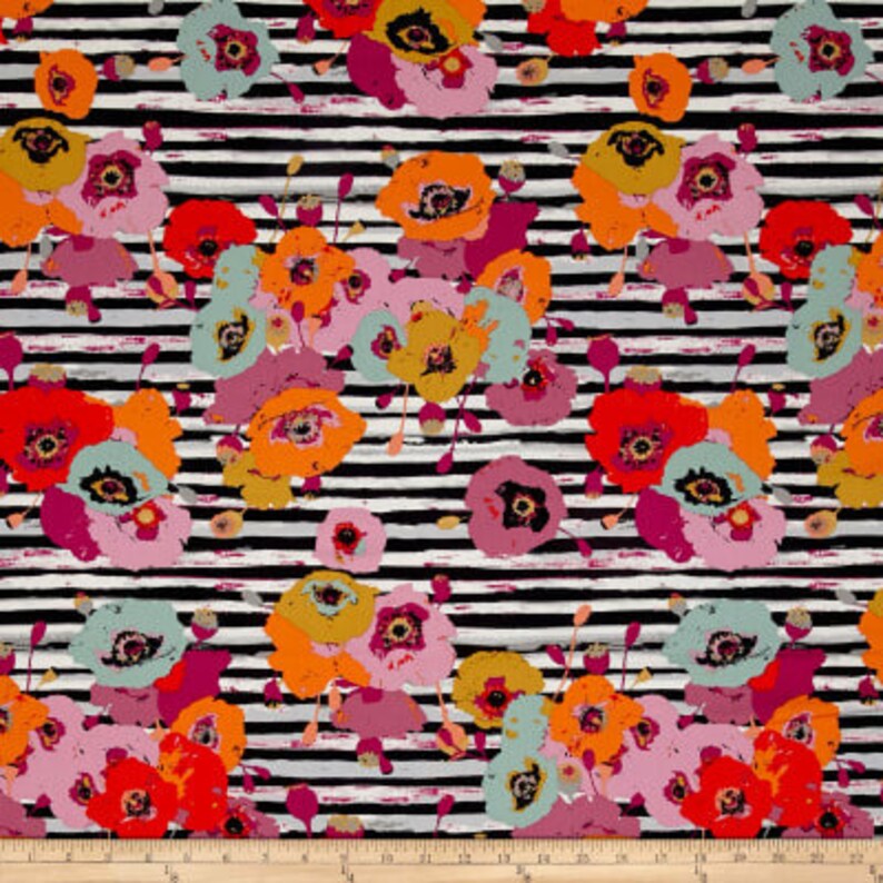 Art Gallery Teal Black Gray Gold Orange Orchid Floral Print Poppy Flowers on Stripes Cotton Fabric by the Half Yard Nature Boho Botanical
