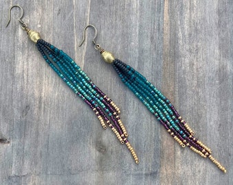 Long Seed Bead Earrings, Peacock Colors Ombre Pattern, Beaded Fringe Earrings, Bohemian Jewelry, Boho Beaded Earrings, Long Dangle Earrings