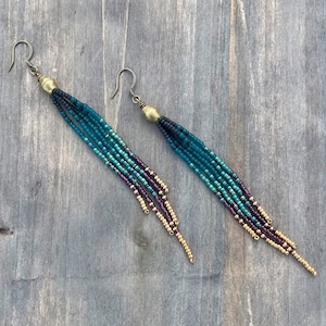 Long Seed Bead Earrings, Peacock Colors Ombre Pattern, Beaded Fringe Earrings, Bohemian Jewelry, Boho Beaded Earrings, Long Dangle Earrings
